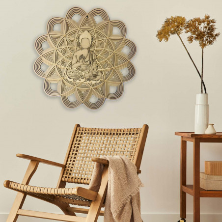Mehrschichtige Holzfigur eines Buddha in einem Mandala mit detailliertem 3D-Effekt.