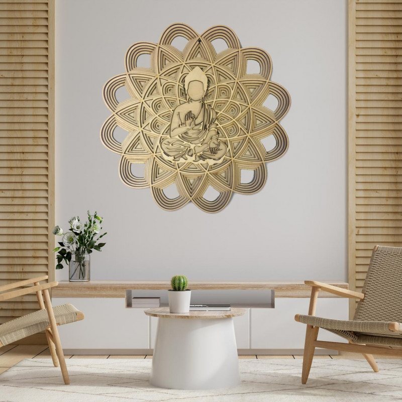 Mehrschichtige Holzfigur eines Buddha in einem Mandala mit detailliertem 3D-Effekt.