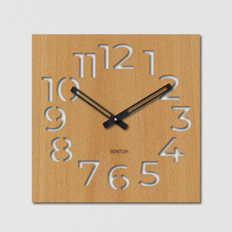 Elegante Holzwanduhr für ein modernes Interieur. Minimalistische Holzuhr mit markanten Ziffern.