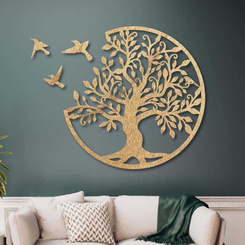 Wanddekoration aus Holz - Lebensbaum mit fliegenden Vögeln I SENTOP