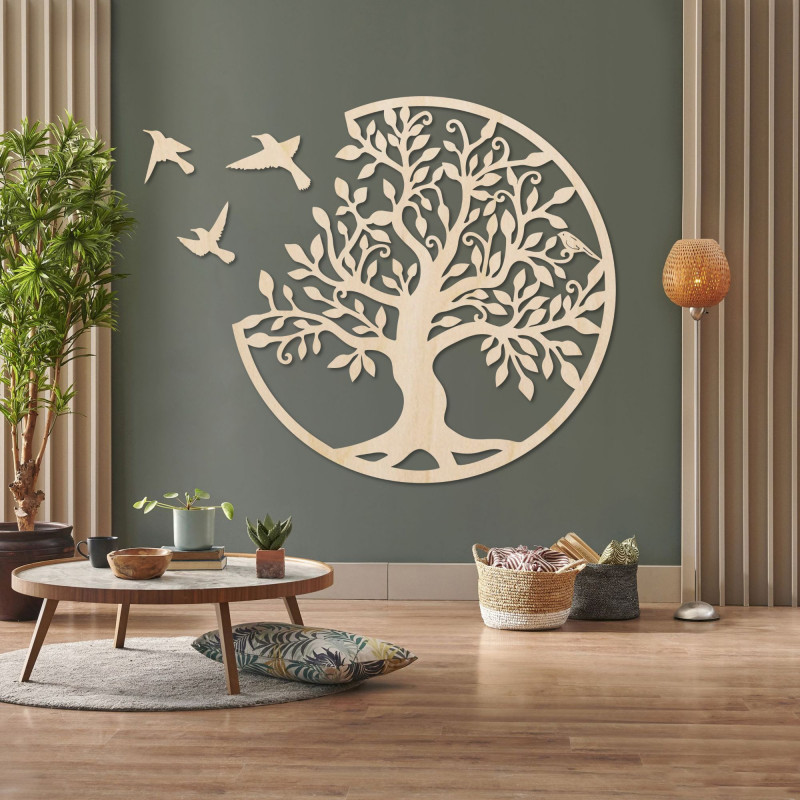 Wanddekoration aus Holz - Lebensbaum mit fliegenden Vögeln I SENTOP