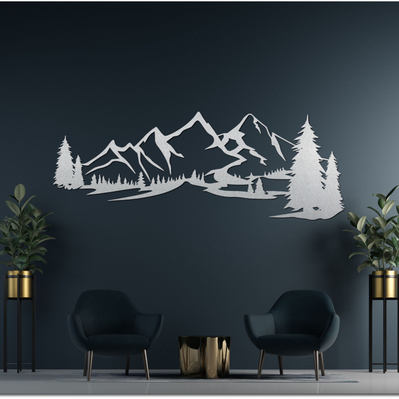 Holzbild an der Wand, das einen Berg darstellt – Natürliche Silhouette einer Bergkette