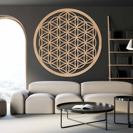 Elegante Mandala-Holzfigur „Blume des Lebens“. Harmonisiert den Raum, schenkt Ruhe und positive Energie. Handgefertigt in der Sl