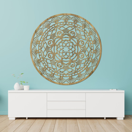Luxuriöses hölzernes Mandala für die Wand, das Frieden, Harmonie und Ausgewogenheit symbolisiert.