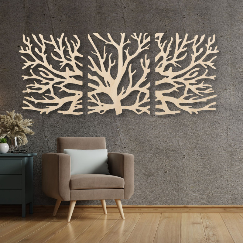 Dreiteiliges Holzbild – Majestätischer Baum mit Ästen, Waldtriptychon, natürliche Wanddekoration
