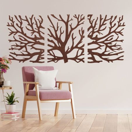 Dreiteiliges Holzbild – Majestätischer Baum mit Ästen, Waldtriptychon, natürliche Wanddekoration