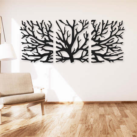 Dreiteiliges Holzbild – Majestätischer Baum mit Ästen, Waldtriptychon, natürliche Wanddekoration