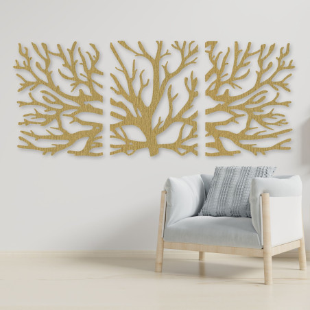Dreiteiliges Holzbild – Majestätischer Baum mit Ästen, Waldtriptychon, natürliche Wanddekoration