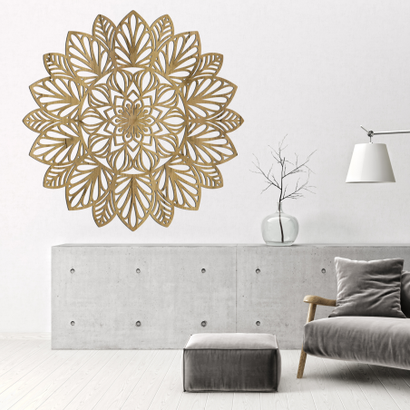Mandala-Wandkunst aus Holz. Das Design dieses Mandalas ist vom alten Symbol der Blume des Lebens inspiriert