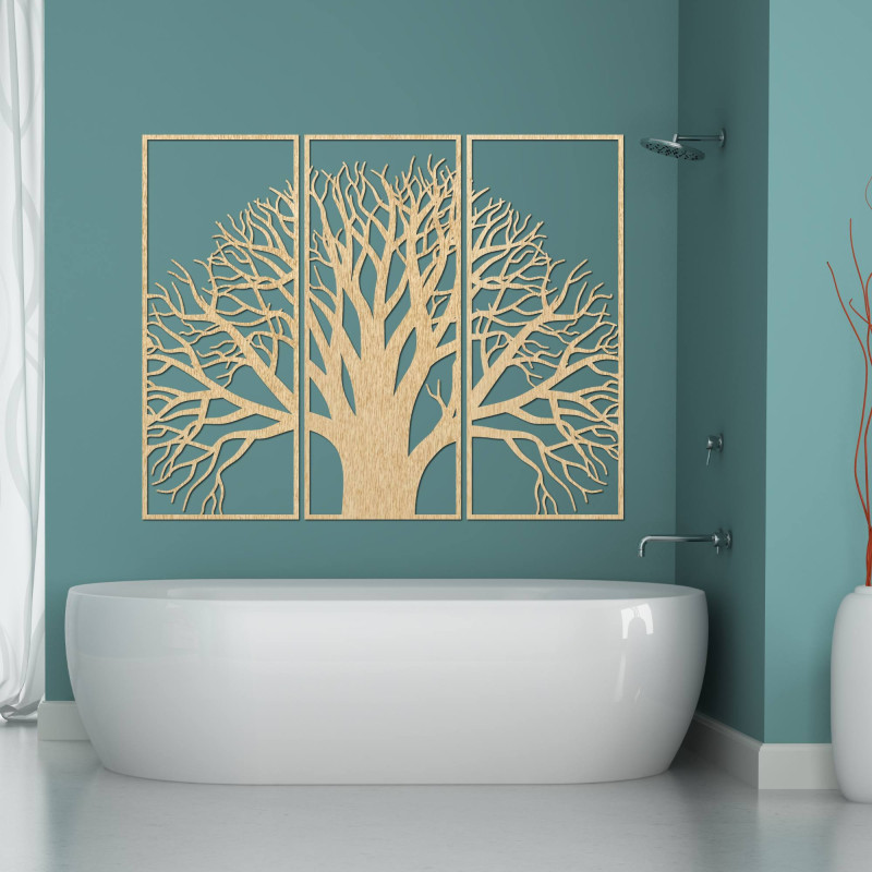 Moderne Holzdekoration, die den majestätischen Baum des Lebens darstellt.