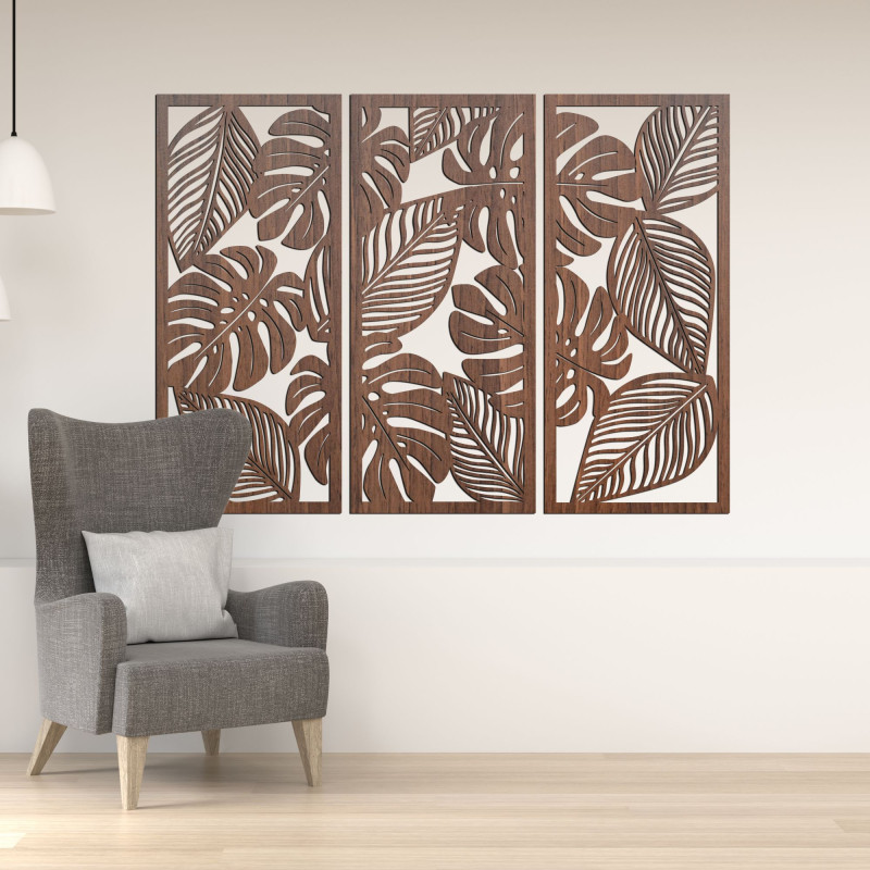 Dreiteiliges Gemälde mit Monstera-Blättern