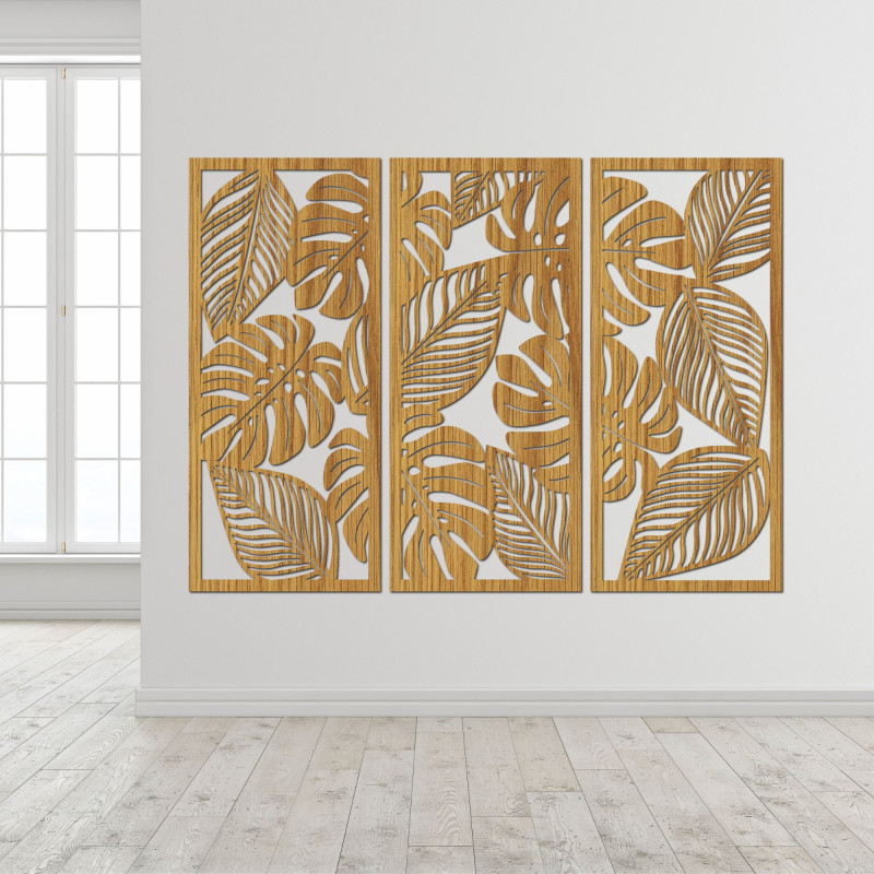 Verleihen Sie Ihrem Interieur mit unserem dreiteiligen Wandbild aus Holz mit Monstera-Motiv neuen Schwung.