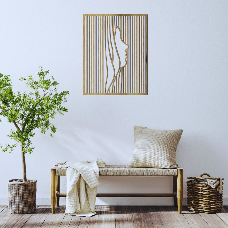 Das moderne Holzbild vereint feine Linien und präzise Geometrie und schafft so ein faszinierendes visuelles Erlebnis.