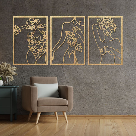 Moderne Wanddekoration mit Frauen- und Blumenmotiv in drei Teilen