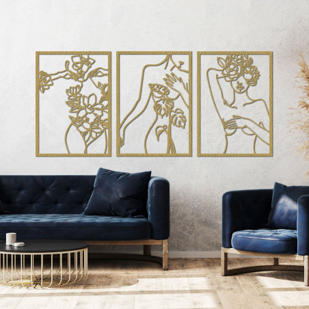 Moderne Wanddekoration mit Frauen- und Blumenmotiv in drei Teilen