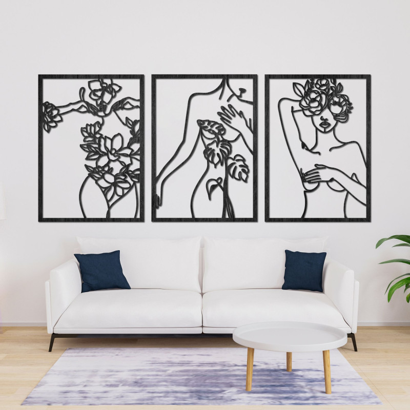 Moderne Wanddekoration mit Frauen- und Blumenmotiv in drei Teilen