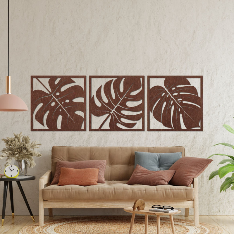 Monstera-Bild aus Holz – 3-teilige Wanddekoration