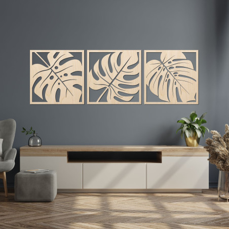 Monstera-Bild aus Holz – 3-teilige Wanddekoration