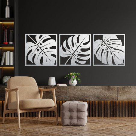Tropische Wandbilder aus Holz mit Monstera-Blattmotiv – 3-teilige Wanddekoration