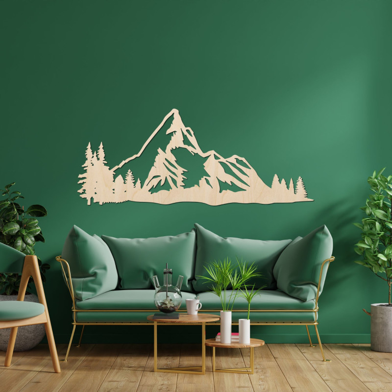 Hölzernes Bergpanorama an der Wand mit einem Wald als moderne Naturdekoration