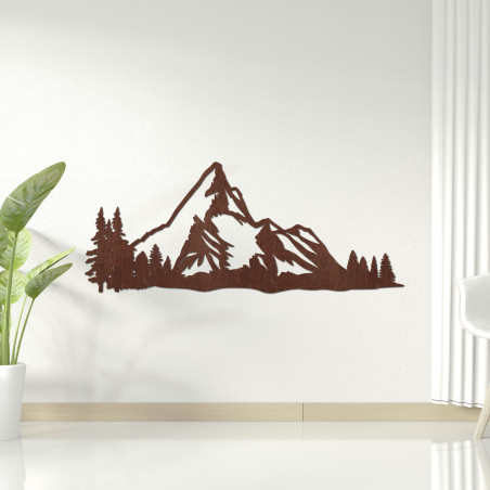 Hölzernes Bergpanorama an der Wand mit einem Wald als moderne Naturdekoration