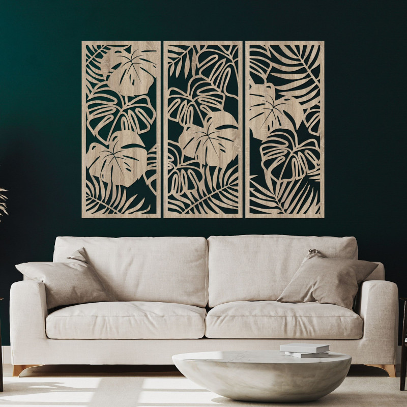 Modernes Holzbild mit tropischen Blättern für das Wohnzimmer