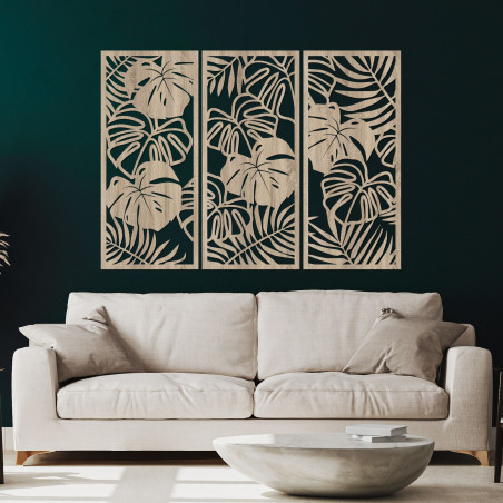 Modernes Holzbild mit tropischen Blättern für das Wohnzimmer