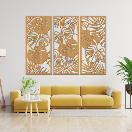 Modernes Holzbild mit tropischen Blättern für das Wohnzimmer