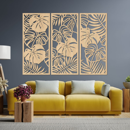 Modernes Holzbild mit tropischen Blättern für das Wohnzimmer