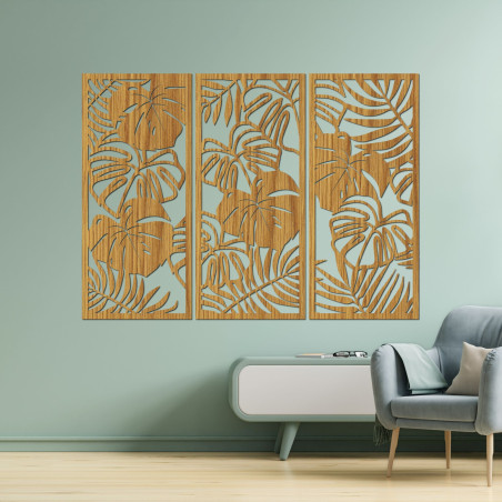 Modernes Holzbild mit tropischen Blättern für das Wohnzimmer