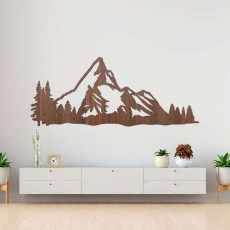 Holzbild eines Bergpanoramas mit Wald als elegante Wanddekoration