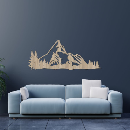 Holzbild eines Bergpanoramas mit Wald als elegante Wanddekoration