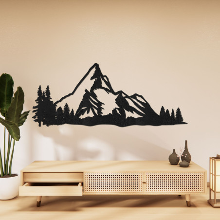Holzbild eines Bergpanoramas mit Wald als elegante Wanddekoration