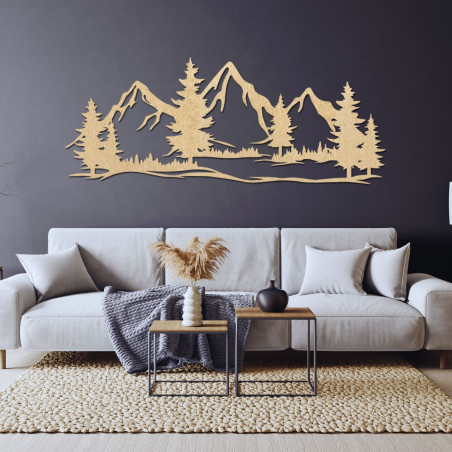 Wanddekoration aus Holz mit Darstellung mächtiger Berge und Wälder