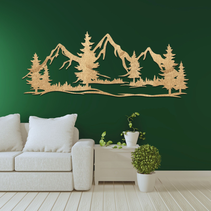 Wanddekoration aus Holz mit Darstellung mächtiger Berge und Wälder