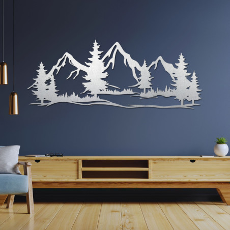 Wanddekoration aus Holz mit Darstellung mächtiger Berge und Wälder