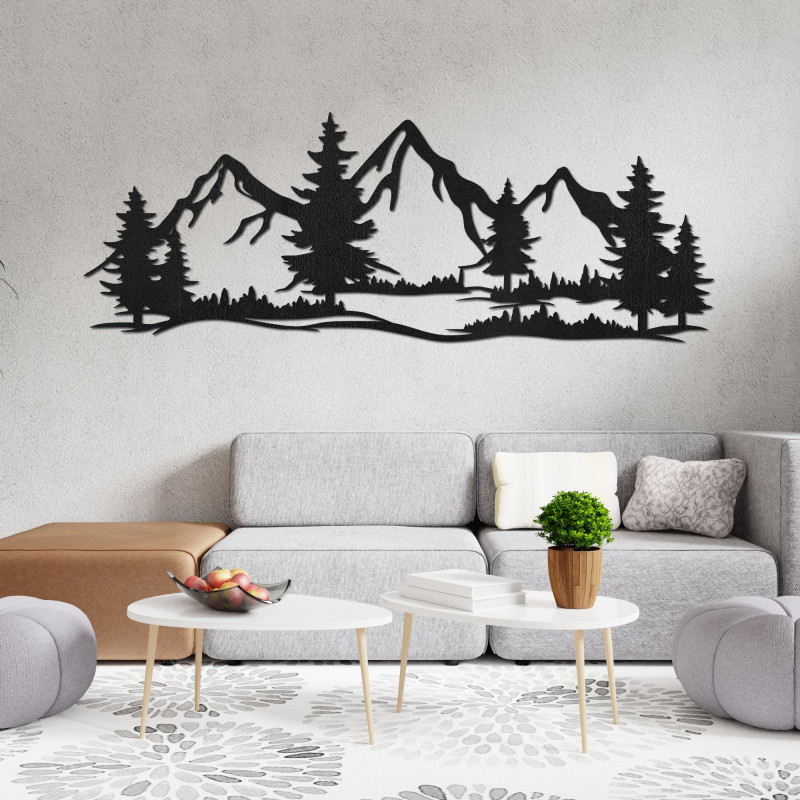 Wanddekoration aus Holz mit Berg- und Waldmotiven