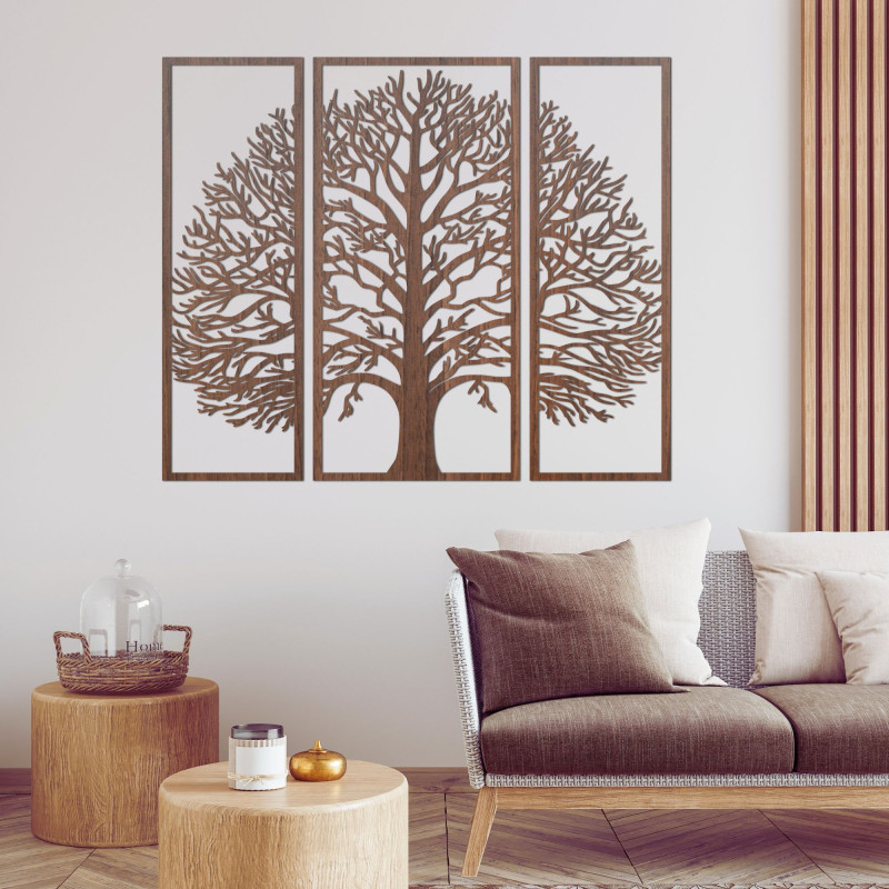 Designer-Lebensbaum an der Wand – dreiteiliger schwarzer Holzausschnitt
