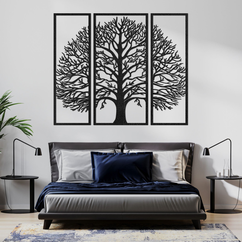 Designer-Lebensbaum an der Wand – dreiteiliger schwarzer Holzausschnitt