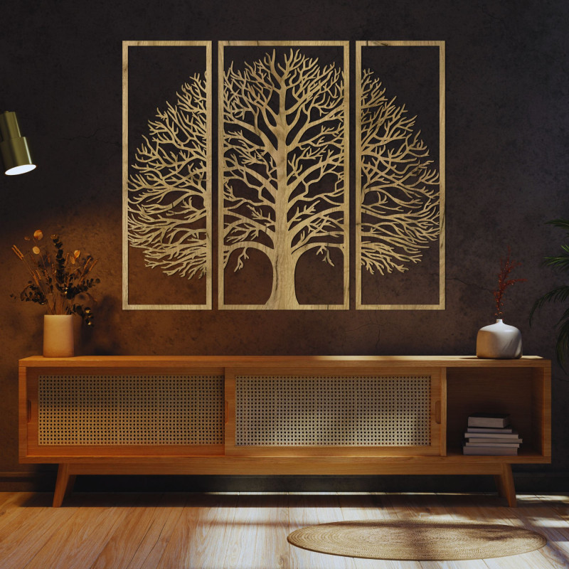 Schwarze Holzbaumsilhouette als dreiteilige Innendekoration