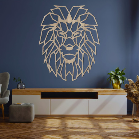 Moderner hölzerner Löwe an der Wand mit geometrischem, künstlerischem Design