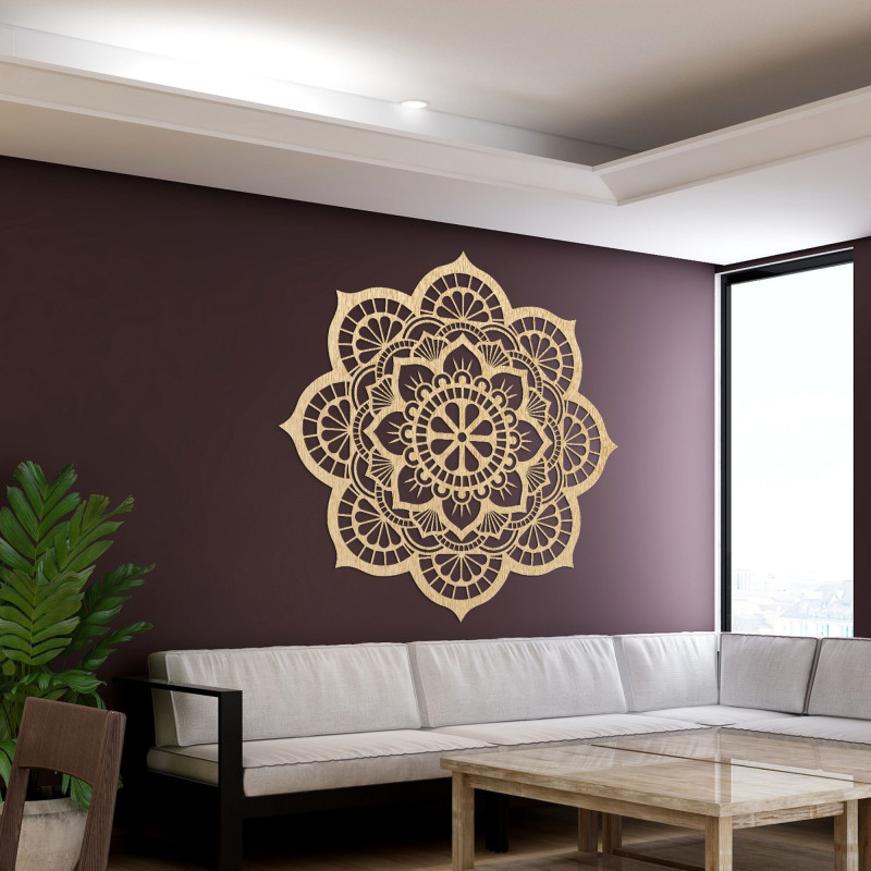 Wanddekoration aus Holz mit Mandala-Symbolik der Lotusblume - MYSTICA