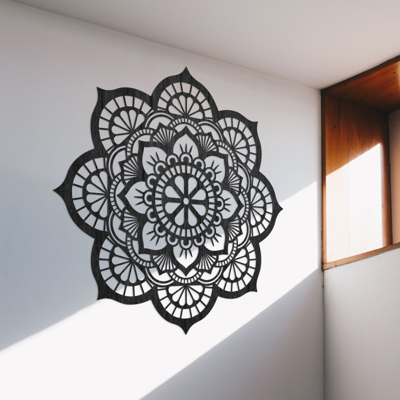 Wanddekoration aus Holz mit Mandala-Symbolik der Lotusblume - MYSTICA