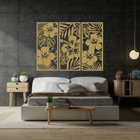 3-teilige Holzmalerei der Ibishtek-Blume - DROBERE