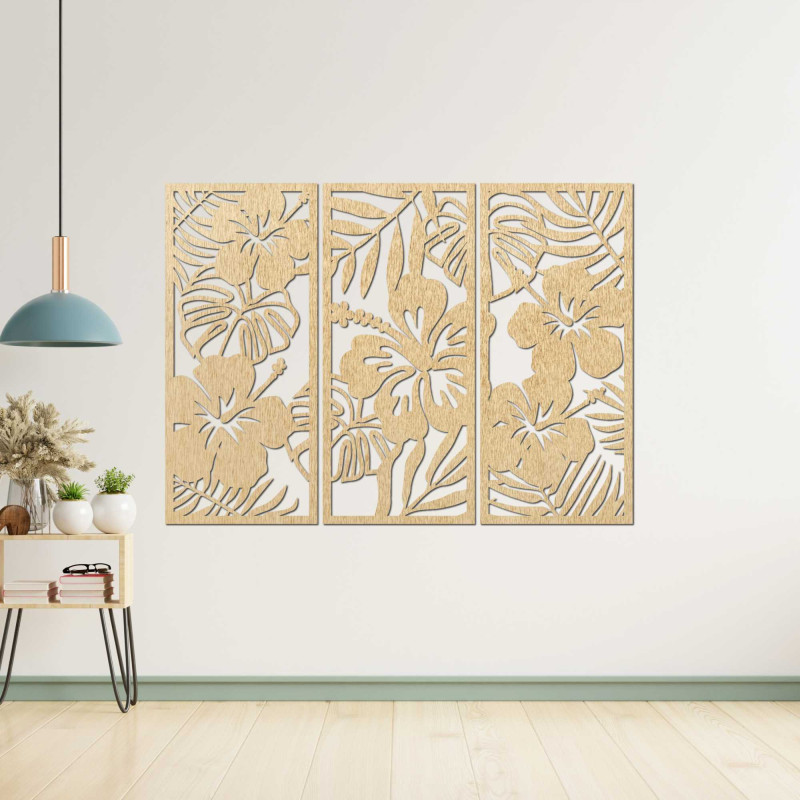 3-teilige Holzmalerei der Ibishtek-Blume - DROBERE