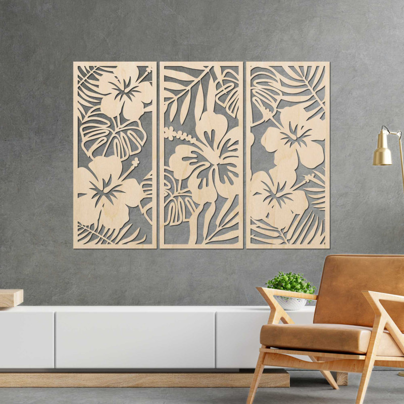 3-teilige Holzmalerei der Ibishtek-Blume - DROBERE