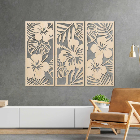 3-teilige Holzmalerei der Ibishtek-Blume - DROBERE