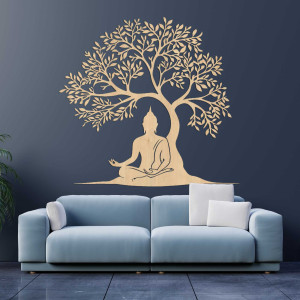 Dekorativer Baum mit einem meditierenden Buddha aus Holz 2
