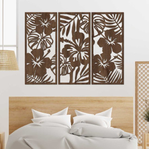 Dreiteiliges Holzbild „Tropische Blumen und Monstera“