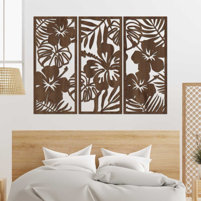 Dreiteiliges Holzbild „Tropische Blumen und Monstera“